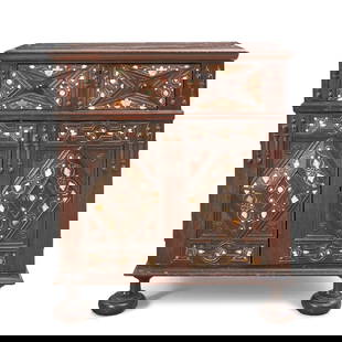 Mother of Pearl Inlaid Oak Chest, England, late 17th century,: Mother of Pearl Inlaid Oak Chest, England, late 17th century, the rectangular top over a long drawer with paneled cabinet doors below, decorated with leaves, flowers and scrollwork, set on bun feet, h