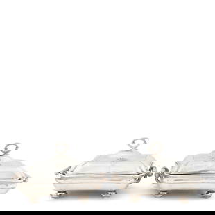 George III Sterling Silver Entree Dishes with Warming Stands,: George III Sterling Silver Entree Dishes with Warming Stands, London, 1794 & 1795, Robert Sharp, maker, crested of shaped rectangular form with lobed corners, the conforming covers with nulling and
