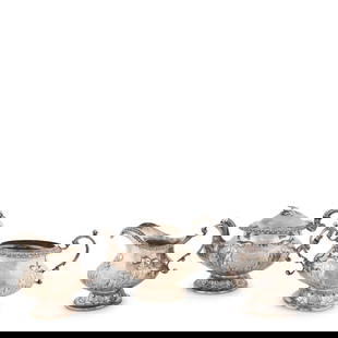 Three-piece Jones, Lows & Ball Coin Silver Tea Set,: Three-piece Jones, Lows & Ball Coin Silver Tea Set,  Boston, 1839-1846, of compressed circular form, the body with repousse acanthus leaves on a domed foot; includes teapot, creamer, and sugar urn, ap