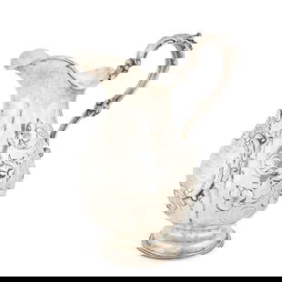 Coin Silver Presentation Pitcher,: Coin Silver Presentation Pitcher, American, apparently unmarked, circa 1850s, the wide spout above a vasiform body with repousse flowers and scrolled foliage, on a domed foot with beadwork, with the