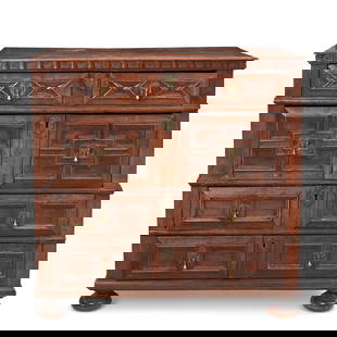 Joined Oak Chest of Drawers, England, late 17th/early 18th century,: Joined Oak Chest of Drawers, England, late 17th/early 18th century, brass hardware to four drawers with recessed panel fronts, ht. 36 1/4, lg. 37 3/4, dp. 22 1/4 in. For further information on this lo