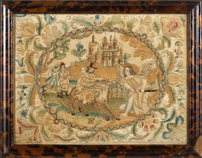 Late-renaissance Silk Embroidery, England, 16th century, frame ht. 13, wd. 16 3/4, sight ht. 10 ...: Late-renaissance Silk Embroidery, England, 16th century, on a linen ground, depicting a biblical scene in an oval cartouche, bordered with a geometric floral design and playfully wrought insects, fram