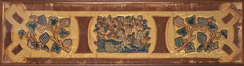 Silk Tudor Bed Valance, England, c. 1600,: Silk Tudor Bed Valance, England, c. 1600, with velvet and satin, a bird catcher image centering fruiting berries, 16 3/4 x 65, set in a wood frame, 18 1/4 x 66 1/2 in. Footnotes: Purported to have com