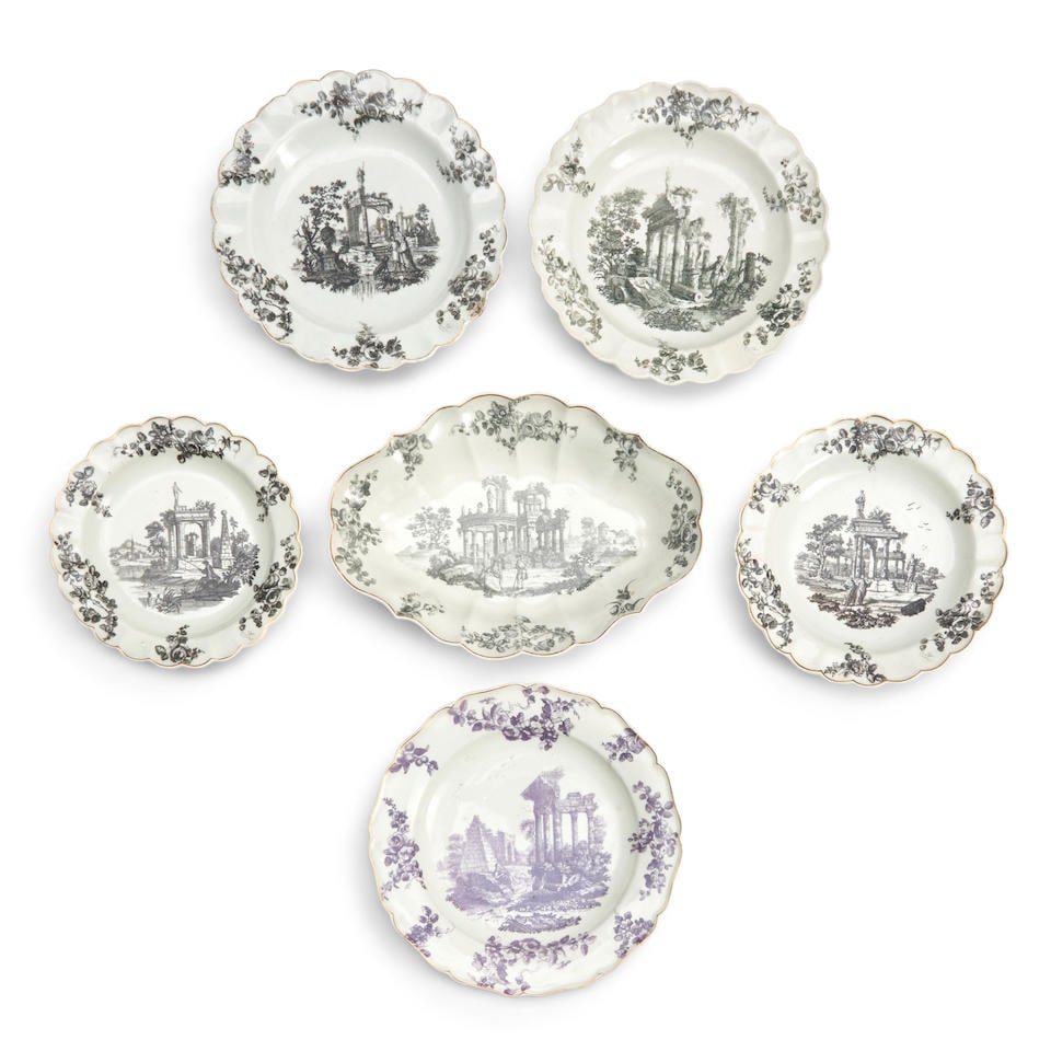 Six Worcester Porcelain Dishes with Ruins, England, c. 1770, (1 of 1)