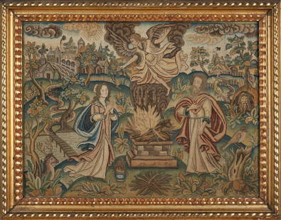 Embroidered Panel 'Sacrifice of Manoah', England, c. 1650,: Embroidered Panel 'Sacrifice of Manoah', England, c. 1650, tent stitch, worked in wool on linen canvas, the scene depicting the story of the angel who foretold the birth of Samson to his parents, by s