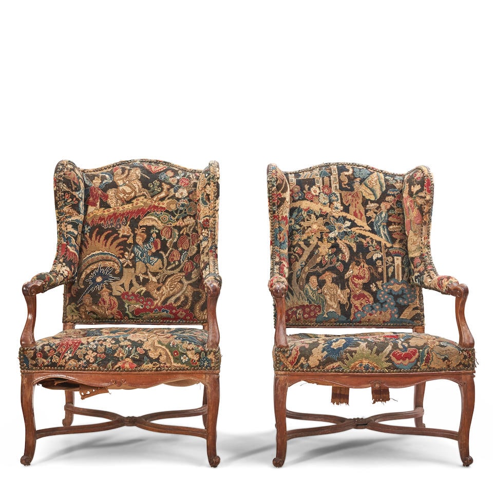 Pair of Louis XV Tapestry Upholstered Bergeres a Oreiles,  France, 18th century, (1 of 2)