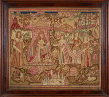 Framed English Needlepoint, mid 17th century,: Framed English Needlepoint, mid 17th century, depicting a courtyard landscape with the visit of the Queen of Sheba to King Solomon, by sight 20 x 22 3/4; mahogany frame, 23 3/4 x 26 3/8 in. Lot to be