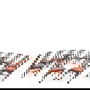Set of Twelve Georgian Mahogany Dining Chairs, England,: Set of Twelve Georgian Mahogany Dining Chairs, England, the shaped top rail above pierced black splats, the slip in seat chevron upholstered, with cabriole legs terminating in ball and claw feet to th