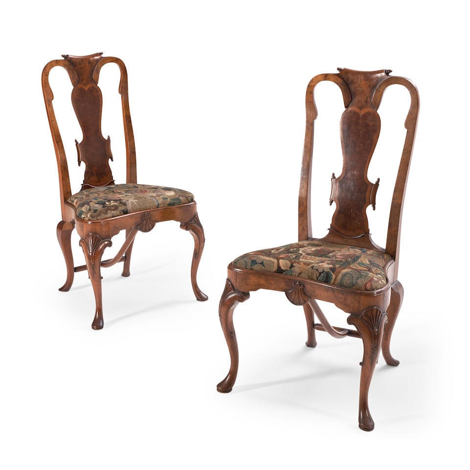 Pair of George II Burl Walnut Sidechairs, England, mid-18th century, (1 of 1)