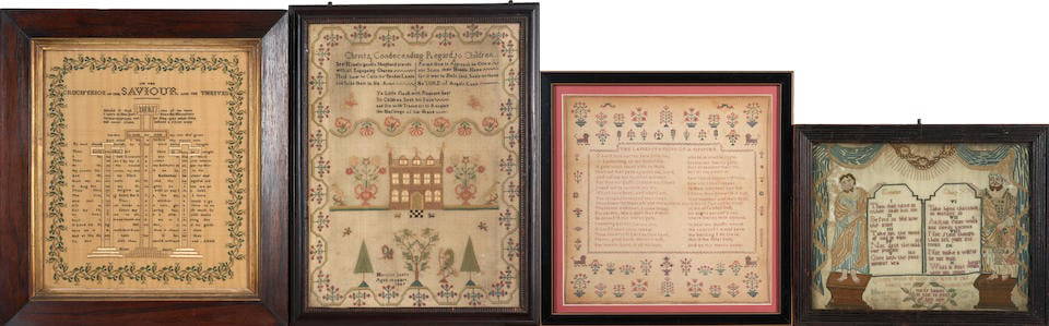 Four Framed Religious Needlepoint Samplers, 18th and 19th century,: Four Framed Religious Needlepoint Samplers, 18th and 19th century, two dated, a 1733 with figures flanking the Ten Commandments, by sight 9 1/4 x 12; and an 1809 with verses above a mansion with trees