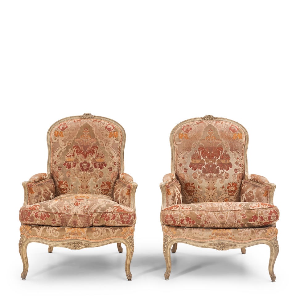 Pair of Louix XVI Creme Painted Chaises, France, 18th Century,: Pair of Louix XVI Creme Painted Chaises, France, 18th Century, with floral upholstery, back ht. 41, seat ht. 8 1/2, max. wd. 28 in. Footnotes: Property from the Estate of Phyllis Leibowitz For further