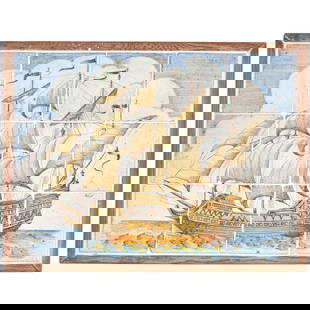 Spanish Tile Picture, 18th century,: Spanish Tile Picture, 18th century, comprised of twelve tiles polychrome enameled and depicting a Spanish galleon at sea, each tile 5 1/4 x 5 1/4 in. Lot to be sold without reserve. For further inform