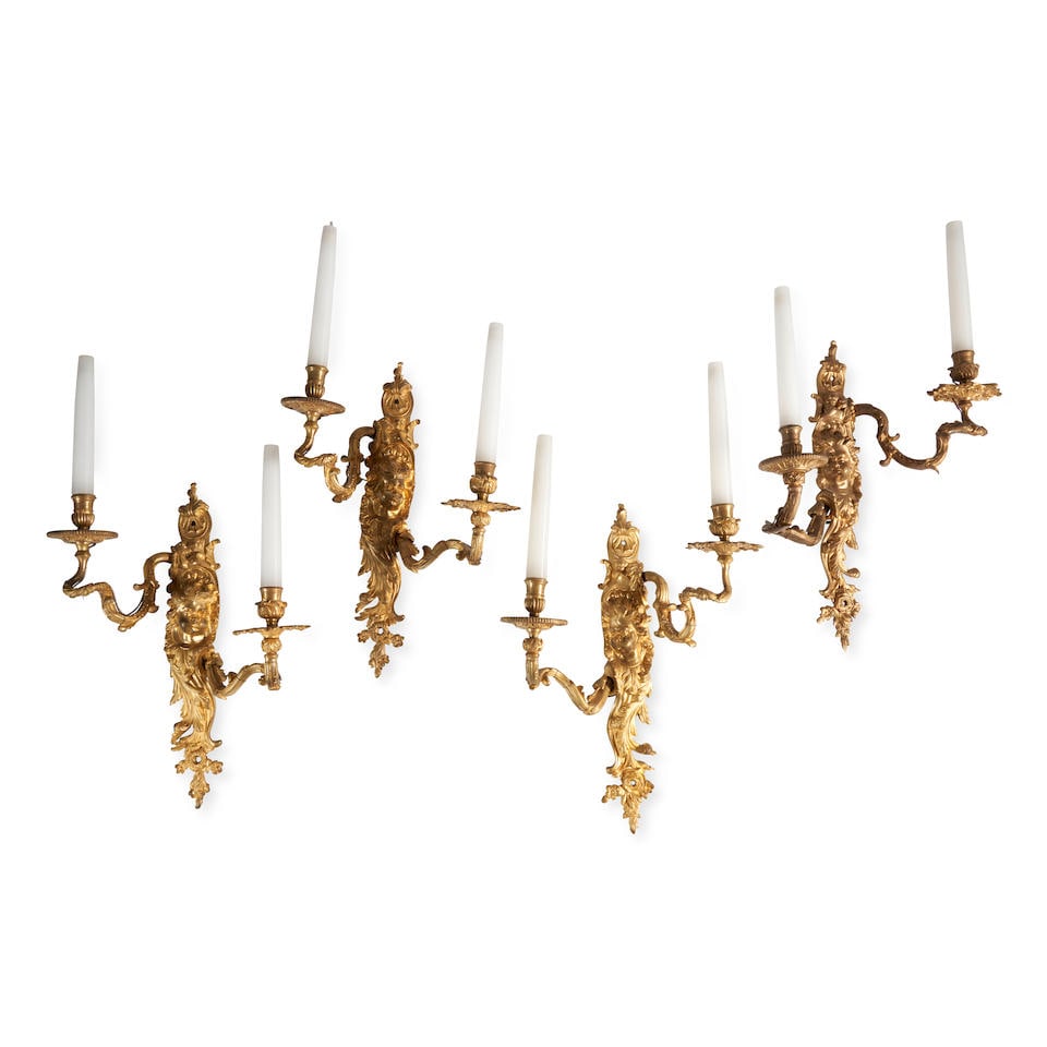 A Set of Four Louis XV Style Gilt Bronze Twin-Branch Wall Lights,  France, 19th century, (1 of 1)