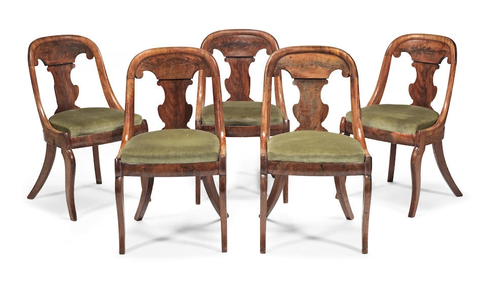 A set of five Louis Philippe mahogany tub back chaises or salon chairs (5): A set of five Louis Philippe mahogany tub back chaises or salon chairs Circa 1840, each with a vase shaped splat and a drop-in seat, on slightly scrolled front legs and square splayed rear legs, each