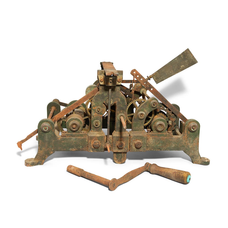 A late 19th century cast and wrought iron flatbed turret clock J.W. Benson Ludgate Hill, London: A late 19th century cast and wrought iron flatbed turret clock J.W. Benson Ludgate Hill, London The flatbed with deadbeat escapement and wooden rod pendulum, the strike train with rack striking, signe