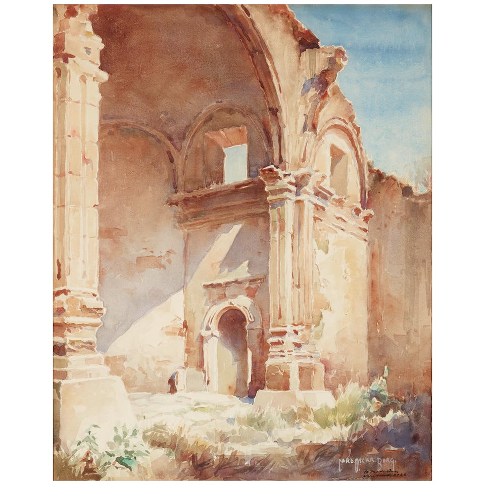 Carl Oscar Borg (1879-1947) Mission San Luis Rey sight 19 1/2 x 15 1/2 in.: Carl Oscar Borg (1879-1947) Mission San Luis Rey signed and indistinctly inscribed 'Carl Oscar Borg' (lower right) watercolor on paper sight 19 1/2 x 15 1/2 in. Footnotes: Provenance John Moran Auctio