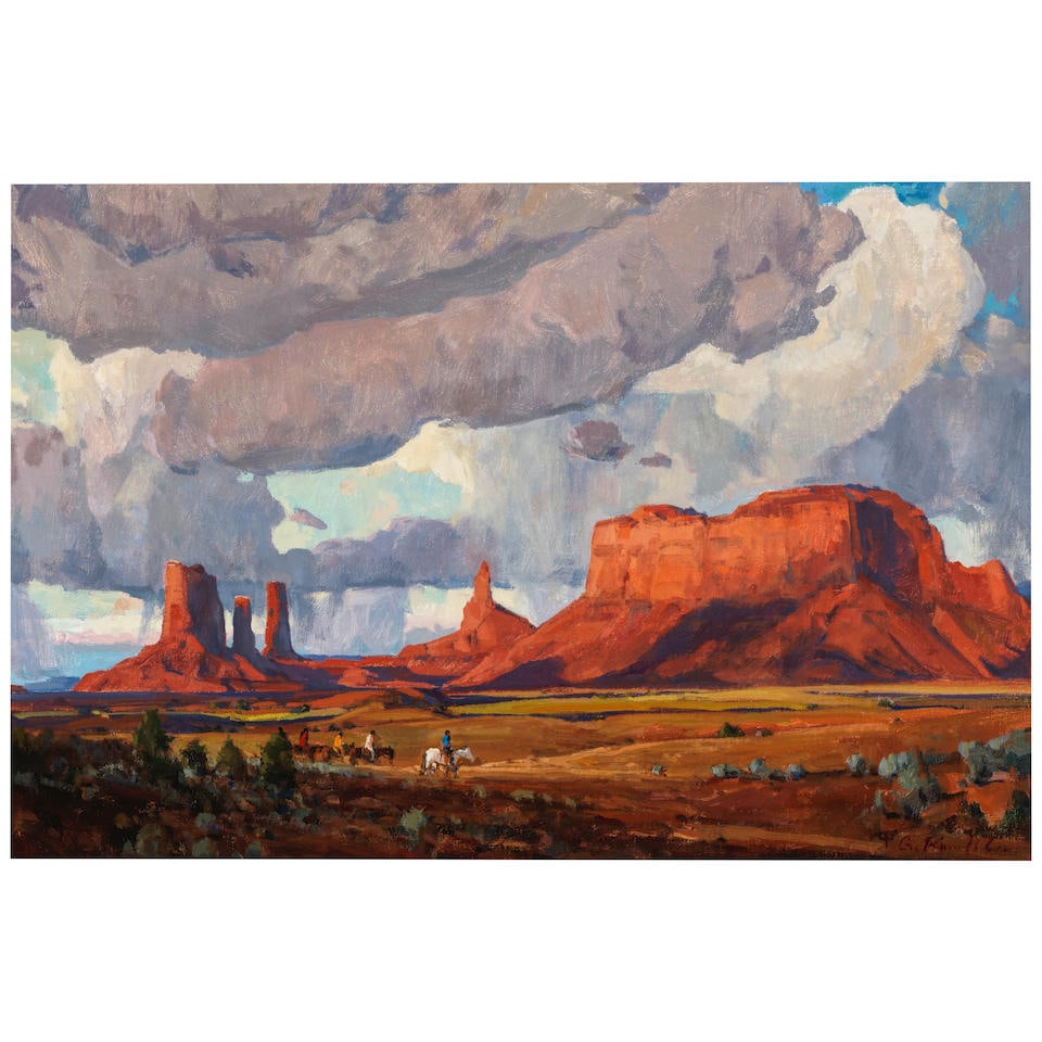 G. Russell Case (born 1966) Dark Clouds, Monument Valley 16 x 24 in.: G. Russell Case (born 1966) Dark Clouds, Monument Valley signed with the artist's cross device 'G. Russell Case' (lower right) and titled, signed again, dated and inscribed '2015 © 76 AS' (on the