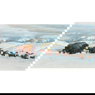 Robert Duncan (born 1952) Lords of Winter 20 x 40 in. (Painted in 1976.): Robert Duncan (born 1952) Lords of Winter signed and dated 'RDuncan / '76' (lower right) and titled, signed again and dated again on a hand written artist's label (affixed to the reverse) oil on Mason