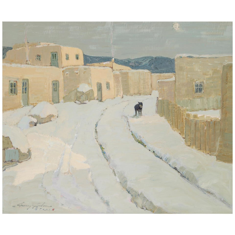 Jerry Jordan (born 1944) Taos Winter Village 25 x 30 in. (Painted in 2001.): Jerry Jordan (born 1944) Taos Winter Village signed and inscribed 'Jerry Jordan / © T.A.O.S.' (lower left) and titled, dated and signed again (on the backing) oil on canvas 25 x 30 in. Painted i