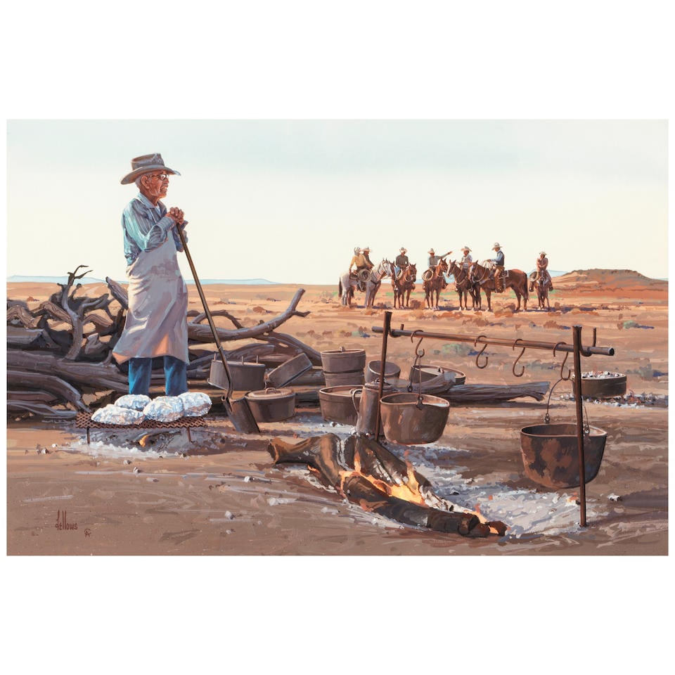 Fred Fellows (born 1934) 40 Years a Cowboy, 20 Years a Cook (Ramon Hartnett - 06 Ranch) sight 19...: Fred Fellows (born 1934) 40 Years a Cowboy, 20 Years a Cook (Ramon Hartnett - 06 Ranch) signed '© / Fellows / CA' (lower left) and titled on a label (affixed to the backing) gouache on paper sigh