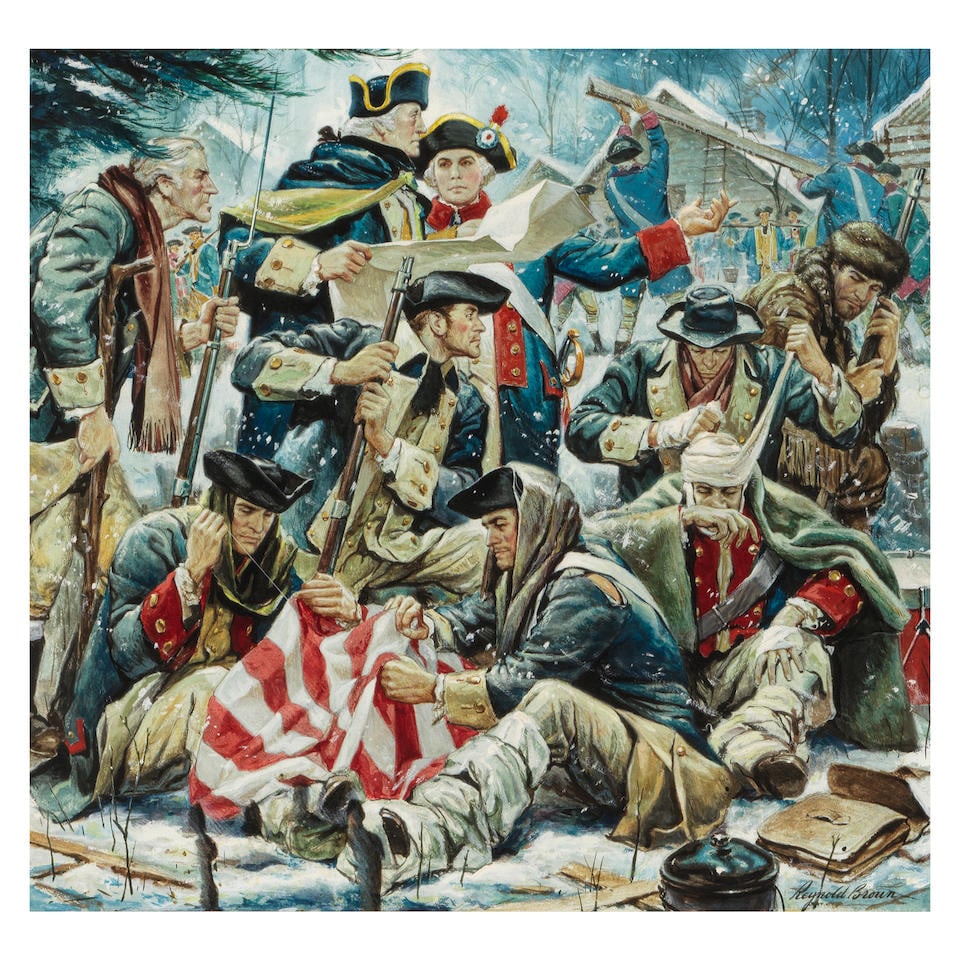 Reynold Brown (1917-1991) Valley Forge 18 3/4 x 19 3/4 in., image 15 1/4 x 16 in.: Reynold Brown (1917-1991) Valley Forge signed 'Reynold Brown' (lower right) gouache on paperboard 18 3/4 x 19 3/4 in., image 15 1/4 x 16 in. Footnotes: Provenance From the Weitzman Family Collection.