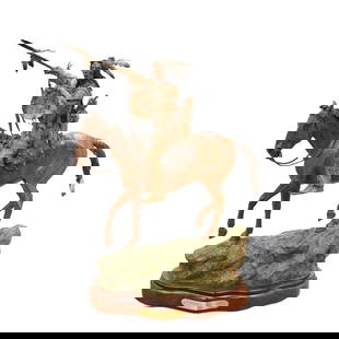 Bill Nebeker (born 1942)  A Warrior's Challenge 21 in. high, on a 2 1/4 in. high wood base: Bill Nebeker (born 1942)  A Warrior's Challenge inscribed, dated and numbered '&#169; Bill Nebeker CA / 2007 9/30' (on the base) and titled (on the presentation plaque) bronze with reddish brown patin