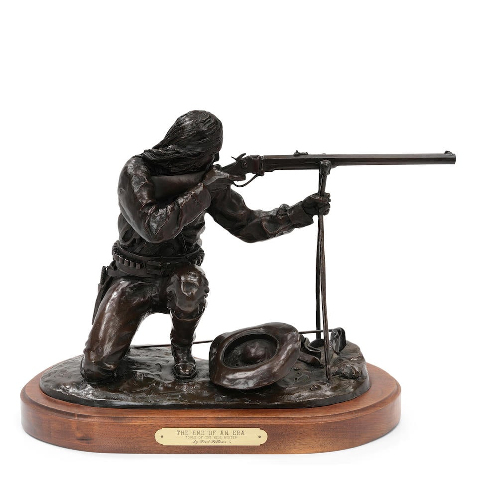 Fred Fellows (born 1934) The End of an Era 12 in. high, on a 1 3/4 in. high wood base: Fred Fellows (born 1934) The End of an Era inscribed, numbered and dated 'Fellows CA / 40/50 81 ©' (on the base) and titled (on the presentation plaque) bronze with brown patina 12 in. high, on a