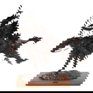 Harry Jackson (1924-2011) Dog Soldier 25 1/4 in. high, on a 1 3/4 in. high wood base: Harry Jackson (1924-2011) Dog Soldier numbered, inscribed and dated 'DS 27 / &#169; Harry Jackson 1983' with the artist's thumbprint device and stamped 'WFS / ITALIA' (on the base) bronze with reddish