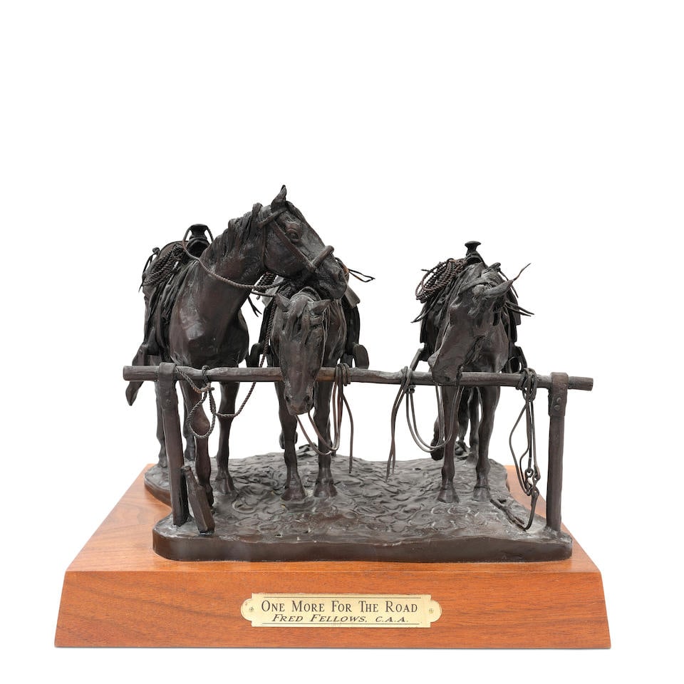 Fred Fellows (born 1934) One More for the Road 8 1/2 in. high, on a 1 3/4 in. high wood base: Fred Fellows (born 1934) One More for the Road inscribed and numbered 'Fellows CA 3/100' (on the base) and titled (on the presentation plaque) bronze with gray patina 8 1/2 in. high, on a 1 3/4 in. h