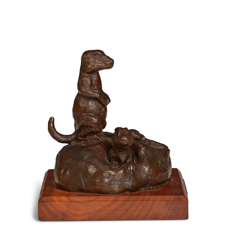 Fred Fellows (born 1934) Secrets of the Prairie 4 3/4 in. high, on a 1 3/4 in. high wood base: Fred Fellows (born 1934) Secrets of the Prairie inscribed and numbered 'Fellows / 22/100' with Powell foundry mark (on the base) and titled (on the presentation plaque) bronze with dark brown patina 4