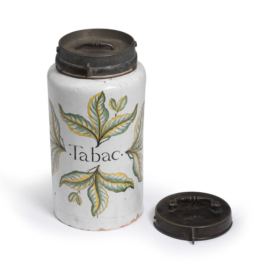 A French faience pewter-mounted tobacco jar, Saint-Omer, Lille or Paris, 18th century (1 of 1)