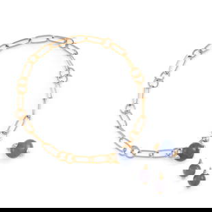 POMELLATO: A CHALCEDONY 'LUNA' NECKLACE, EARRING AND RING SET, ITALY: POMELLATO: A CHALCEDONY 'LUNA' NECKLACE, EARRING AND RING SET, ITALYEach centering an oval cabochon chalcedony; signed Pomellato; with Italian Registered Trademark Number; mounted in 18K pink gold;