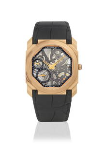 BULGARI: AN 18K ROSE GOLD MANUAL WIND SKELETONIZED WRISTWATCH Octo Finissimo, Ref: 102946, c. 2021: BULGARI: AN 18K ROSE GOLD MANUAL WIND SKELETONIZED WRISTWATCHModel: Octo FinissimoReference: 102946Date: c. 2021Movement: Cal. BVL 178 SK, 28-jewel manual windDial: SkeletonizedCase: Square, display