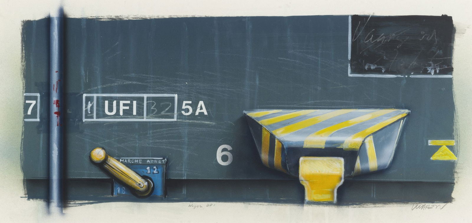 PETER KLASEN (born 1935) Wagon UF1: PETER KLASEN (born 1935) Wagon UF1 Signé en bas à droite Titré en bas au milieu Gouache sur papier Getekend rechtsonder Getiteld midden onder Gouache op papier Signed lower righ