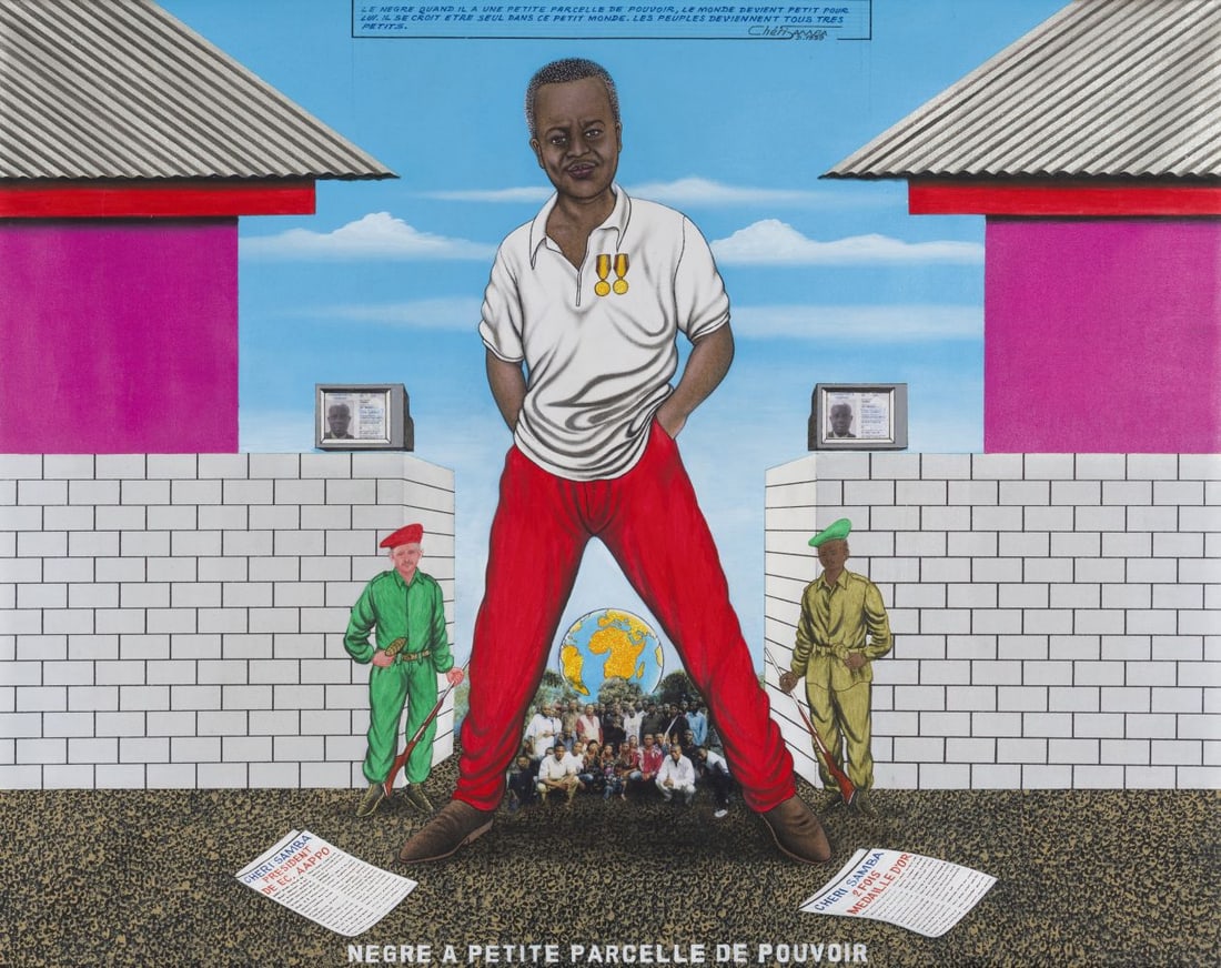 CHERI SAMBA (born 1956) Nègre à petite parcelle de pouvoir: CHERI SAMBA (born 1956) Nègre à petite parcelle de pouvoir 1999 Signé, daté et titré en haut au milieu Acrylique, paillettes et collage sur toile Getekend, gedateerd en getite