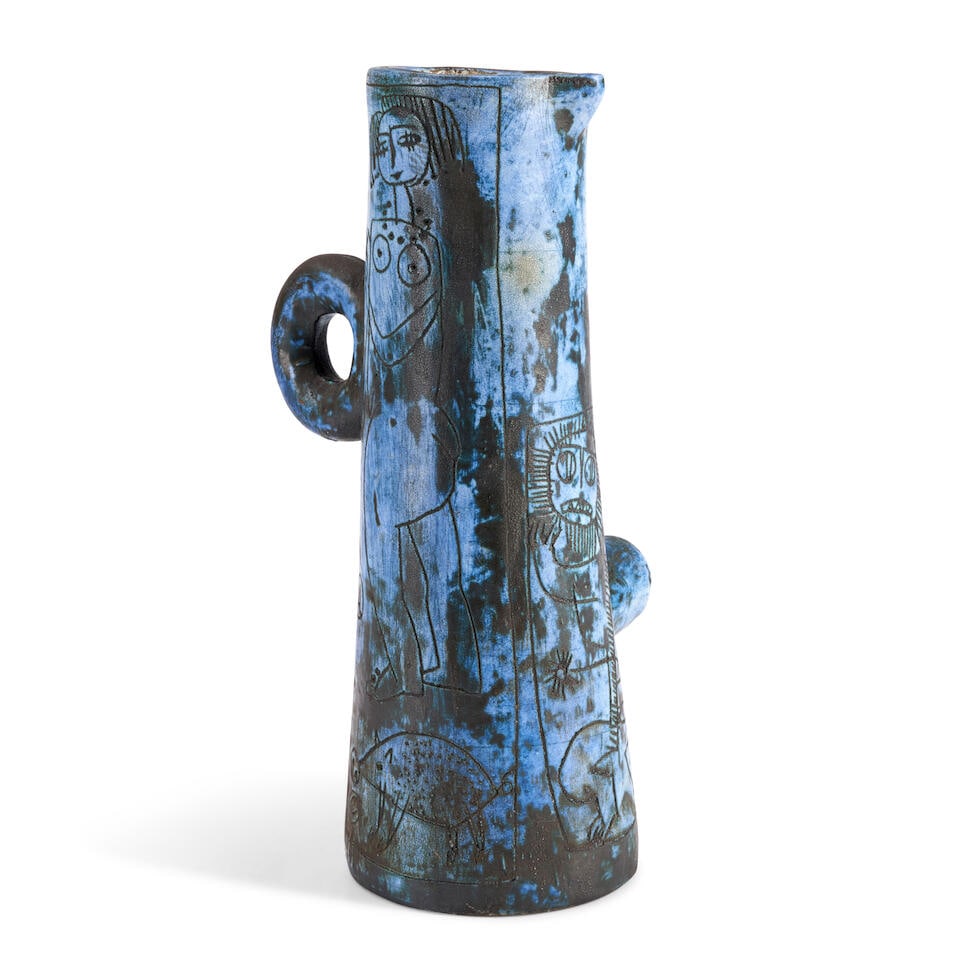 JACQUES BLIN (1920-1995) PITCHER France, c. 1955, glazed ceranic, sgraffito decorated with human...: JACQUES BLIN (1920-1995) PITCHER France, c. 1955, glazed ceranic, sgraffito decorated with human and animal figures, incised artist's signature, ht. 14 1/2 in. Footnotes: Note In his early 30's, Blin