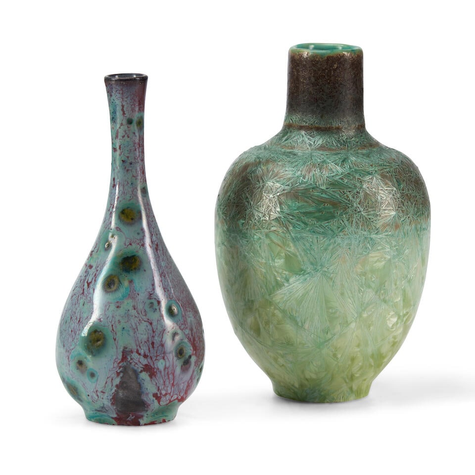 TWO TAXILE DOAT (1851-1938) MINIATURE VASES both probably University City, Missouri, one dated 1...: TWO TAXILE DOAT (1851-1938) MINIATURE VASES both probably University City, Missouri, one dated 1913, both glazed porcelain, vase with crystalline glaze, incised marks 'TD' and 'NAO,' and ink and glaze