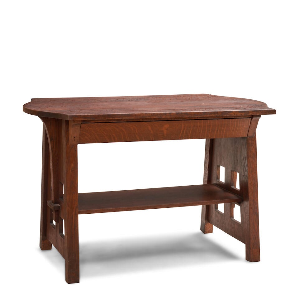 CHARLES P. LIMBERT CO. 'TURTLE-TOP' TABLE MODEL 153 Grand Rapids/Holland, Michigan, early 20th c...: CHARLES P. LIMBERT CO. 'TURTLE-TOP' TABLE MODEL 153 Grand Rapids/Holland, Michigan, early 20th century, oak, single blind drawer, branded mark 'Limberts Arts and Crafts Furniture Made in Grand Rapids