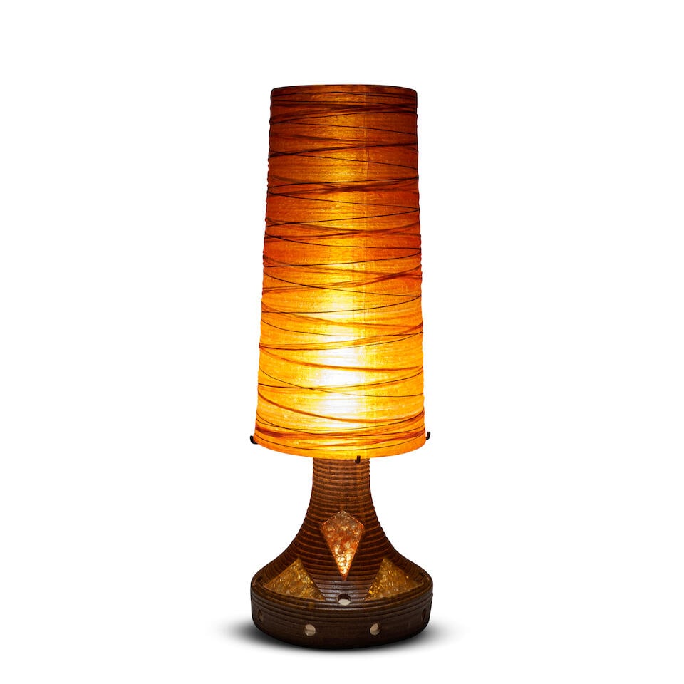 ACCOLAY TABLE LAMP Accolay, France, c. 1955, glazed ceramic, glass, steel, spun resin shade, two... (1 of 2)