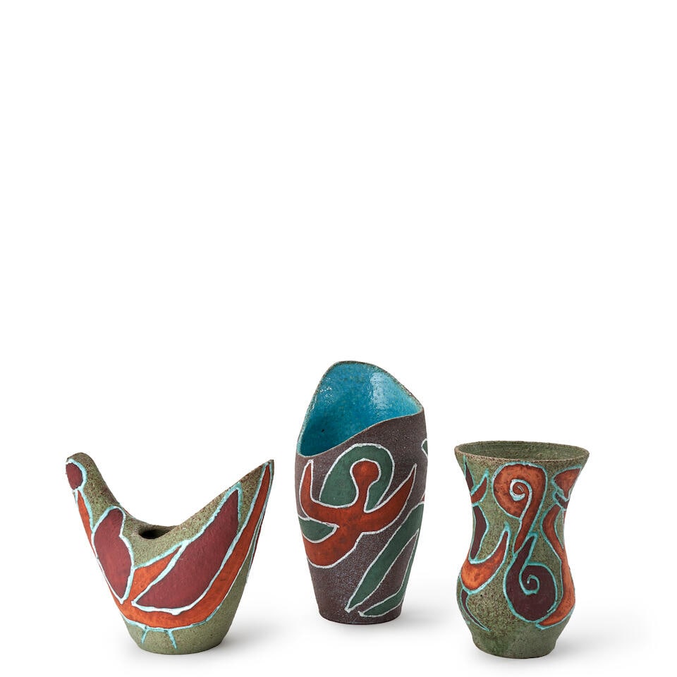 THREE LARGE ACCOLAY VESSELS Accolay, France, c. 1960, glazed ceramic, vase, incised mark '116 Ac...: THREE LARGE ACCOLAY VESSELS Accolay, France, c. 1960, glazed ceramic, vase, incised mark '116 Accolay A M,' ht. 13 3/4, zoomorphic table lamp base, pre-firing hole for electric cord, incised mark 'Acc