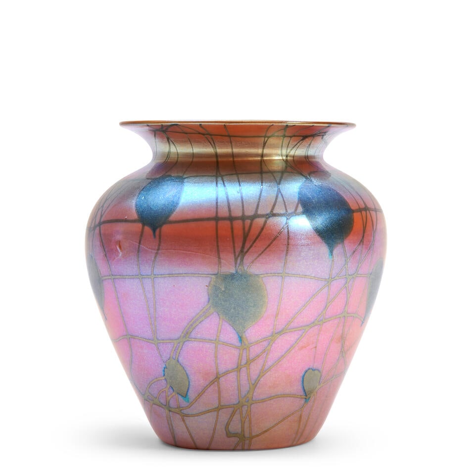 VICTOR DURAND JR. (1870-1931) 'HEARTS AND VINE' VASE Vineland, New Jersey, c. 1928, iridescent g... (1 of 2)