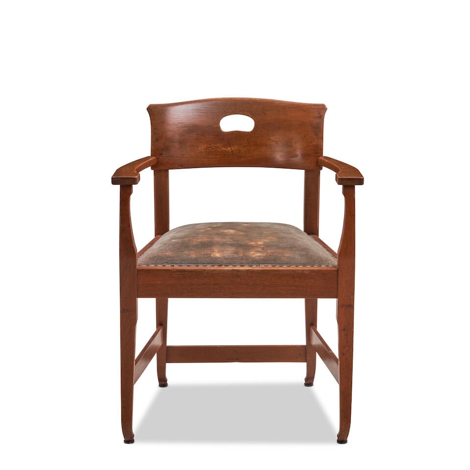 RICHARD RIEMERSCHMID (1868-1957) OPEN ARMCHAIR Germany, c. 1900, mahogany, upholstery, metal spr...: RICHARD RIEMERSCHMID (1868-1957) OPEN ARMCHAIR Germany, c. 1900, mahogany, upholstery, metal springs and frame, upholstery nails, unmarked, ht. 31 3/4, seat ht. 19 1/2, wd. 23 3/4, dp. 20 in. For furt