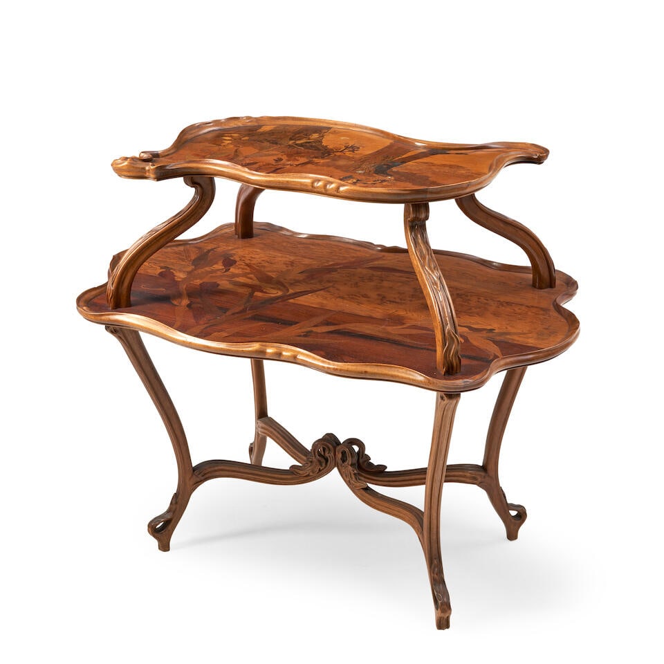 ÉMILE GALLÉ (1846-1904) TWO-TIER OCCASIONAL TABLE Nancy, France, c. 1900, carved walnu... (1 of 3)