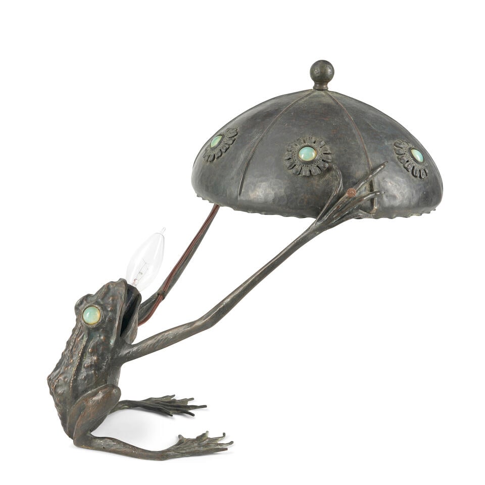 GRENOUILLE FIGURAL TABLE LAMP Austria, c. 1925, patinated bronze, glass, two candelabra base soc... (1 of 2)