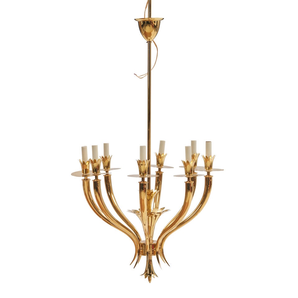 GIO PONTI (1891-1979) & EMILIO LANCIA (1890-1973) CHANDELIER circa 1930, brass, drop height 46in...: GIO PONTI (1891-1979) & EMILIO LANCIA (1890-1973) CHANDELIER circa 1930, brass, drop height 46in (116.8cm); width 23in (58.4cm) Footnotes: A certificate of authenticity from the Gio Ponti Archives dat