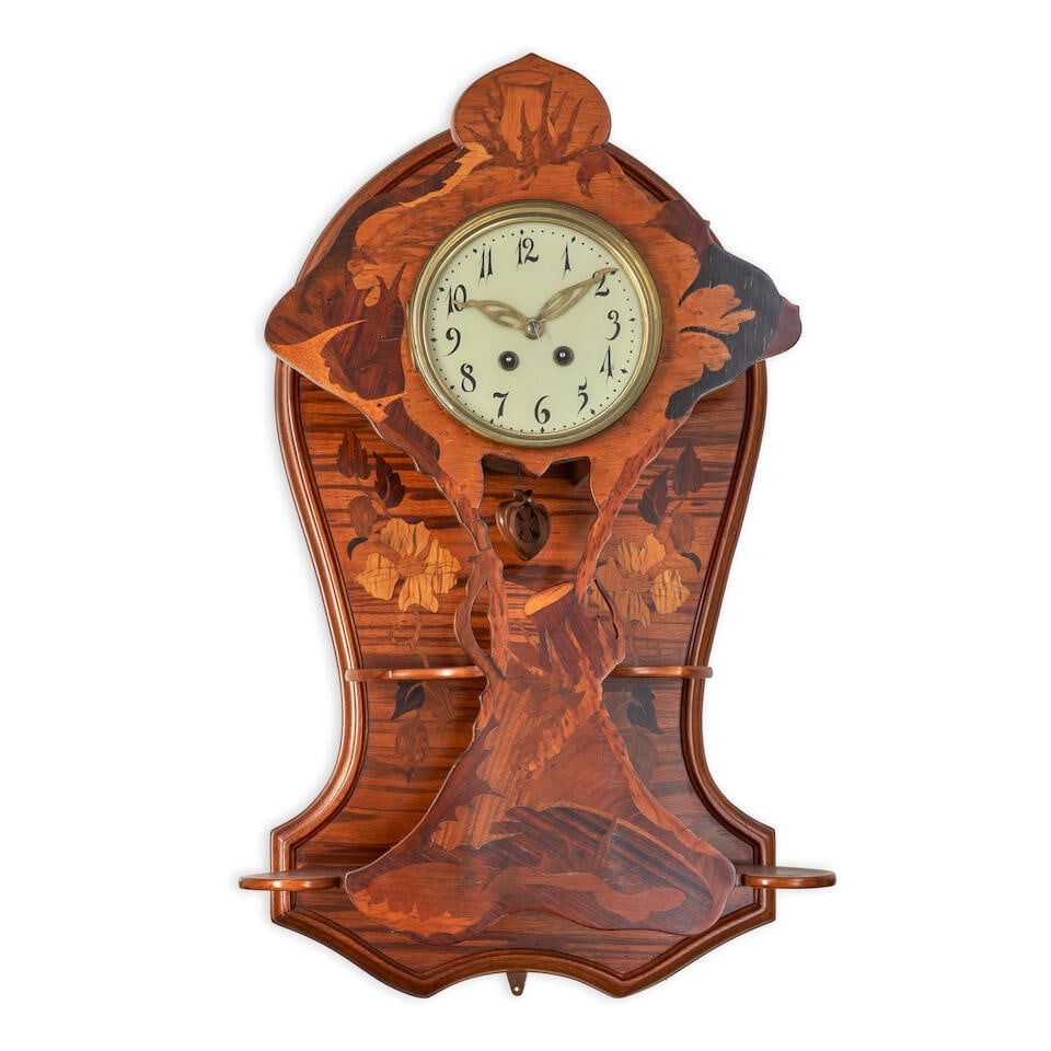 ART NOUVEAU MARQUETRY ETAGERE WALL CLOCK probably Nancy, France, c. 1910, walnut, mahogany, and ... (1 of 2)