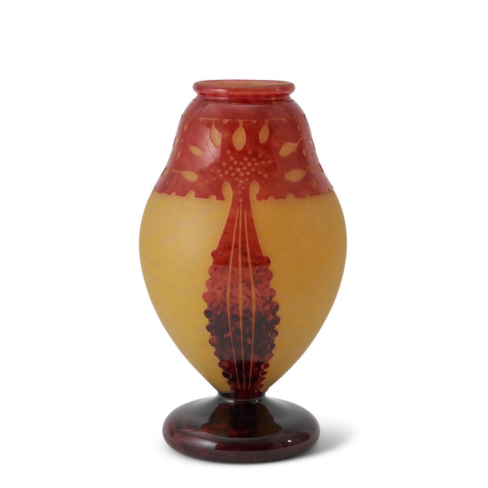 LE VERRE FRANCAIS CAMEO GLASS VASE France, c. 1925, acid-etched and fire-polished glass, incised... (1 of 7)