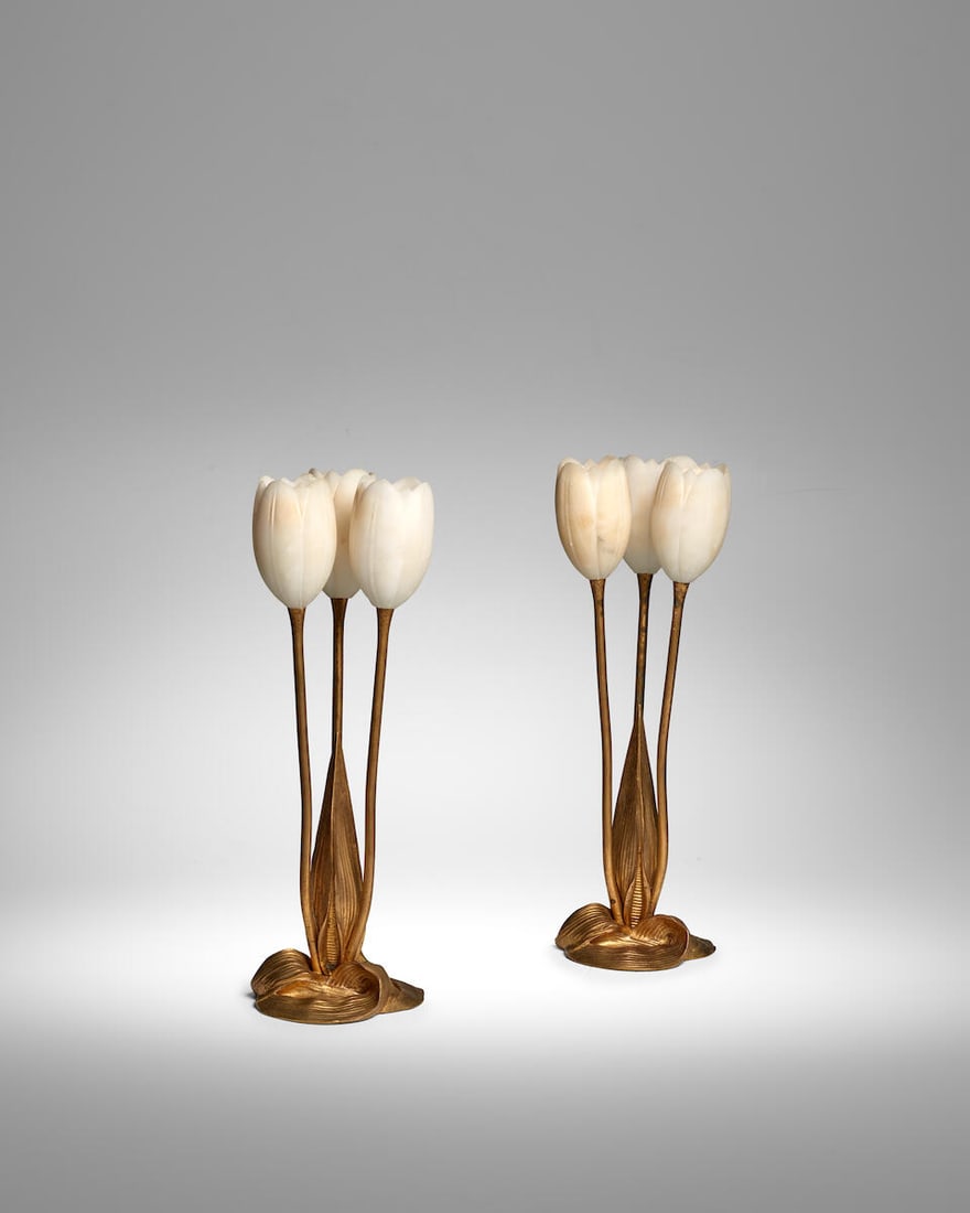 PAIR ALBERT CHEURET (1884-1966) 'TULIP' TABLE LAMPS France, c. 1925, gilt bronze, carved alabast... (1 of 4)