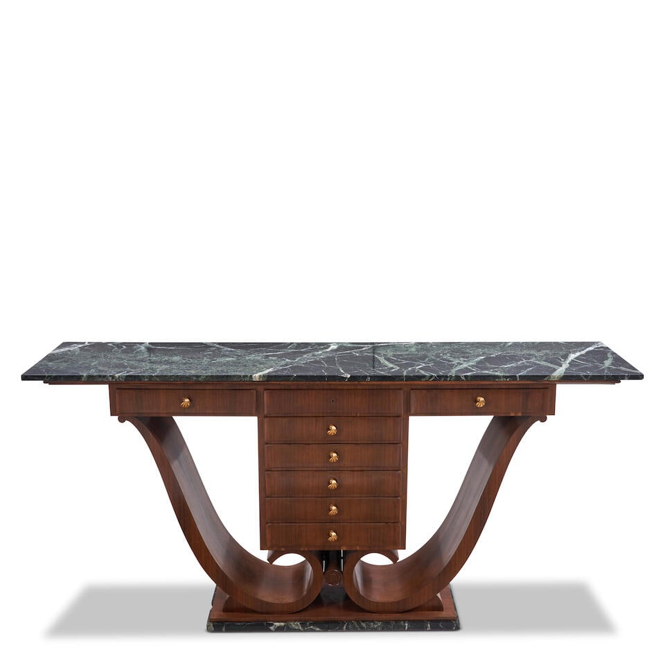 JULES LELEU (1883-1961) CONSOLE TABLE France, c. 1940, rosewood veneer, oak secondary wood, gilt...: JULES LELEU (1883-1961) CONSOLE TABLE France, c. 1940, rosewood veneer, oak secondary wood, gilt-bronze hardware, green serpentine marble top, center range of six drawers with the top three fitted for