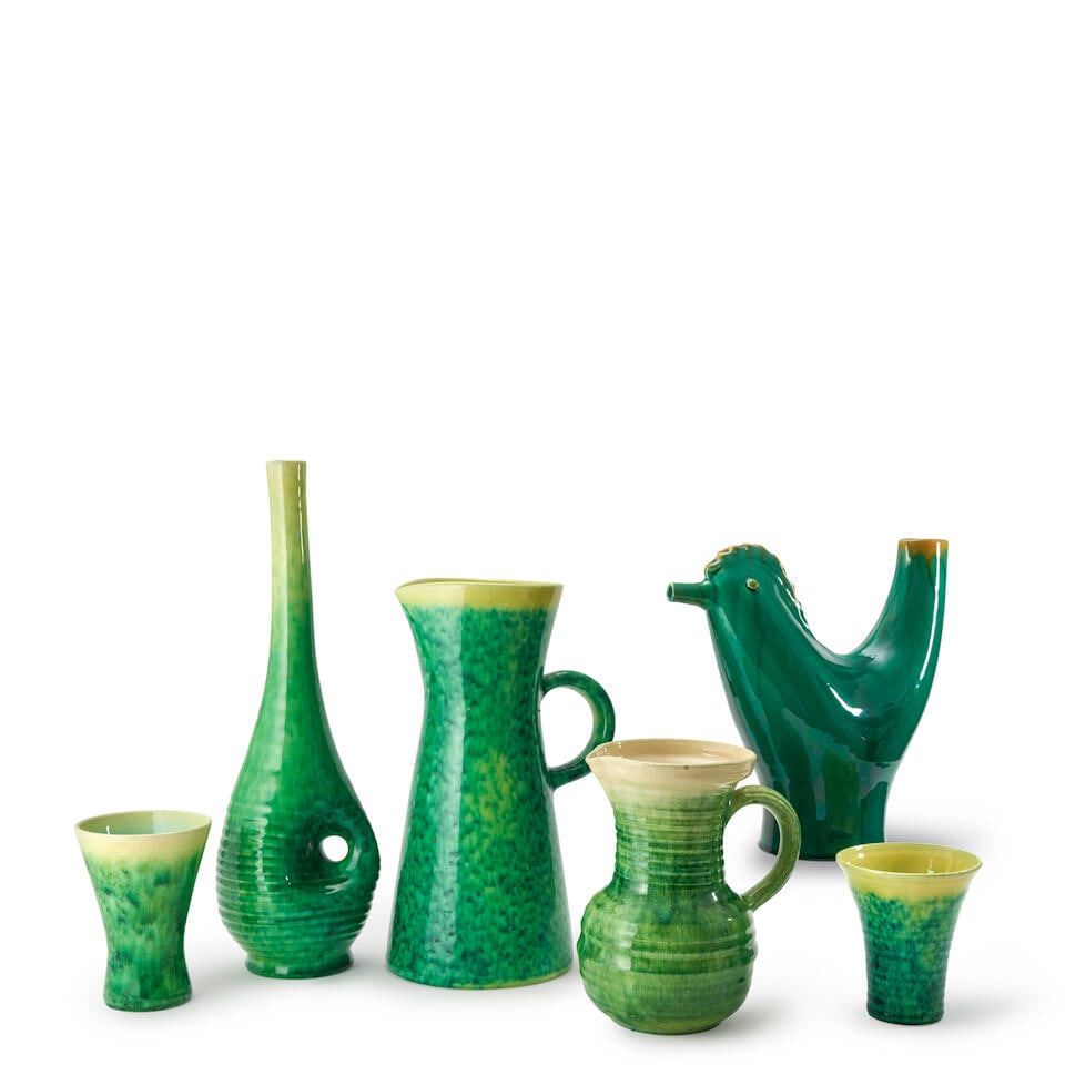 SIX ACCOLAY VESSELS Accolay, France, c. 1960, glazed ceramic, all with incised marks 'Accolay' s...: SIX ACCOLAY VESSELS Accolay, France, c. 1960, glazed ceramic, all with incised marks 'Accolay' some with additional maker's initials, waisted vase, ht. 5 1/2, vase with flared rim, ht. 4 3/4, pitcher